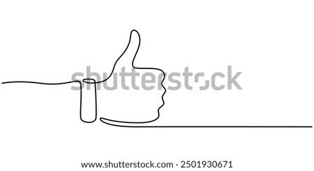 Continuous one line drawing of like hand showing thumb up. Vector illustration, One line drawing of hand showing great sign. Continuous line finger up. Hand-drawn vector illustration of linear like