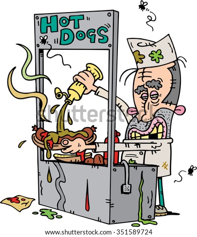 Hand-drawn cartoon 'gross' hot dog stand 