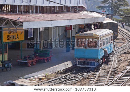 SHIMLA, INDIA - MARCH 21, 2014: Scene at the railway station at Shimla at the end of the line linking the town with Kalka in the Himalayan foothills. The railway extends widely across the subcontinent