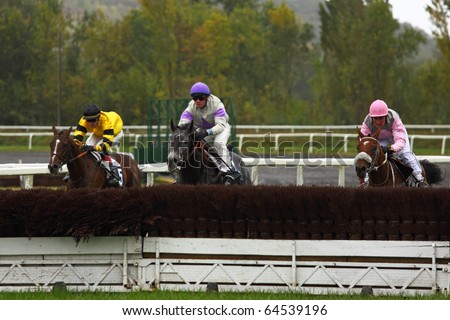 CASTERA VERDUZAN, FRANCE - OCTOBER 4: The leaders take the final fence in a race at the Baron hippodrome Castera Verduzan, France on October 4, 2010. Betting on horses is hugely popular in France.
