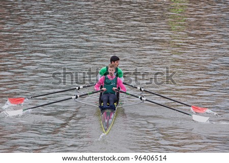 BRISTOL, ENGLAND - FEBRUARY 19: Two man crew from the Exeter Rowing Club racing in the annual Head of the River race in Bristol, England on February 19, 2012. One hundred teams entered the event