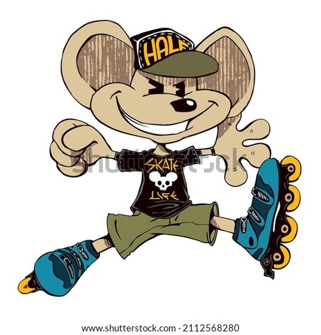 Mouse mascotte jumping with inline skates. Sport mascotte old school athlete inline skating.