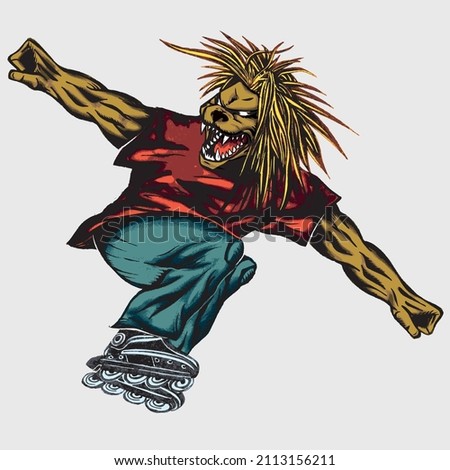 Lion jumping on rollerblades with his arms extended. In-line skates concept mascot illustration.