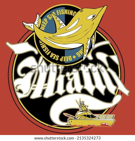 Miami deep sea fishing club coat of arms with a dolphin and a fishing boat. Fishing illustration concept.