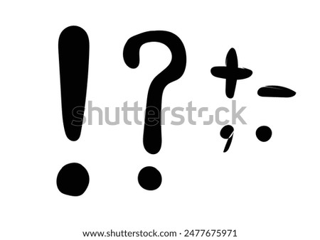 Set of hand drawn dot, comma, exclamation, question marks, plus and minus  on a transparent background.
