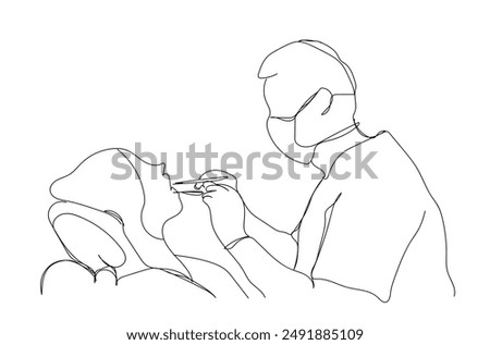 Single continuous line drawing of young happy male dentist examining girl patient condition at dental clinic. Medical health care service workers concept one line draw design vector illustration