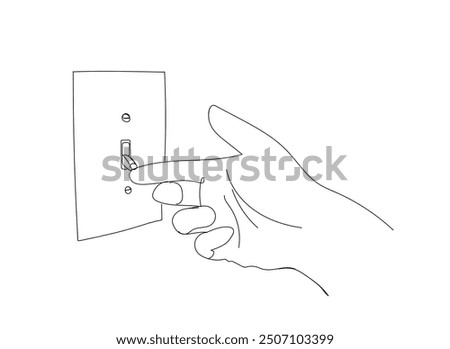 Drawing sketch style illustration of a human hand flipping turning on and power off electric light switch on isolated background done in black and white ilne art.