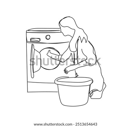 Housekeeper and laundry. Woman near the washing machine. Washing clothes. National Housewife Day. One line drawing for different uses. Vector illustration.