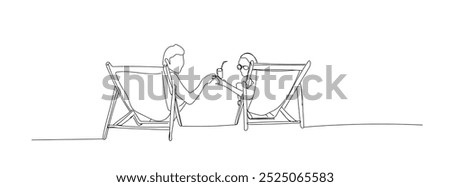 Continuous line drawing young couple relaxing on sun lounger near sea. Vector illustration. Concept for logo, card, banner, poster, flyer. Hand made vector not AI.