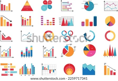 Colorful set of chart for report icons. Flat icons vector illustration. Hand drawn