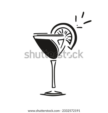 Vesper cocktail. Cocktail vector black and white illustration. Cocktail glass, doodle style. Design for menus, covers, postcards. James Bonds favorite drink 007