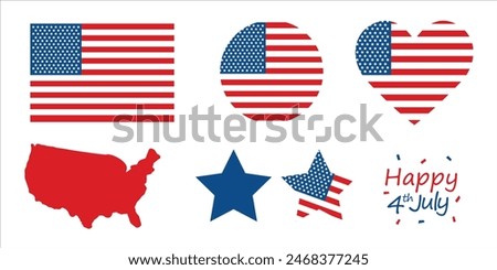 4th July USA Independence day celebration. Vector Illustration. Collection set of American flag 