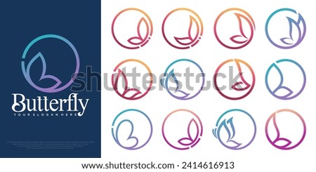 Beauty Butterfly Logo. Butterfly inside Circle with simple minimalist line art . Vector Illustration