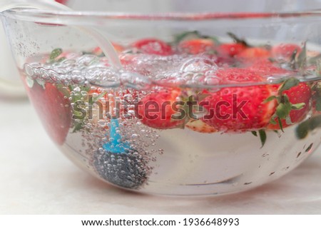 strawberry in a bowl with water with a round ozonating stone. Tubes leading to oxygen pump and ozone generator. ozonation fruit. Food disinfection with ozon