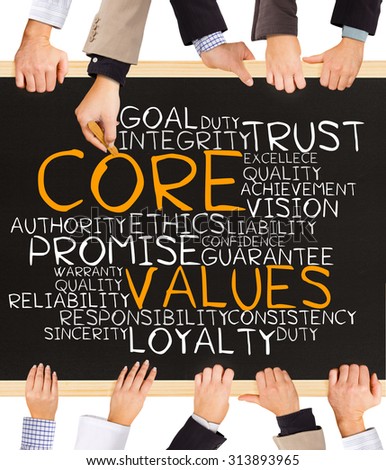Photo of business hands holding blackboard and writing CORE values word cloud