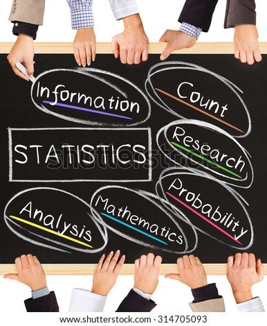 Photo of business hands holding blackboard and writing STATISTICS concept
