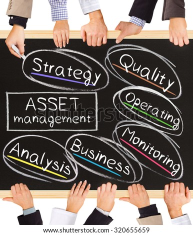 Photo of business hands holding blackboard and writing ASSET management diagram