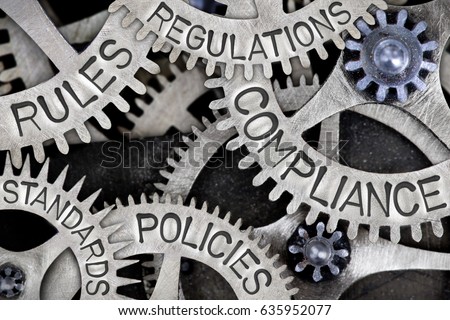 Macro photo of tooth wheels with COMPLIANCE, REGULATIONS, STANDARDS, POLICIES and RULES words imprinted on metal surface Stockfoto © 