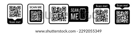 Qr codes with scan me inscription with phone. qr code for payment, e-wallet, web, package.