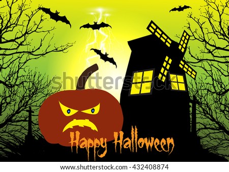 Spooky Halloween background with pumpkins,windmill,bats and cross among the dead trees.
