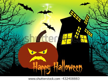 Spooky Halloween background with pumpkins,windmill,bats and cross among the dead trees.