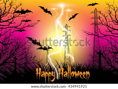 Happy Halloween background with electricity pylon silhouette with thunder storm, cross, dead tree, bats