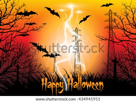 Happy Halloween background with electricity pylon silhouette with thunder storm, cross, dead tree, bats