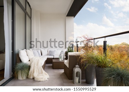 Elegant decorated balcony with rattan outdoor furniture, bright pillows and plants Imagine de stoc © 