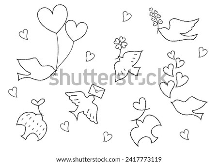 Set of crayon touch line drawings of cute hand-drawn style birds and hearts