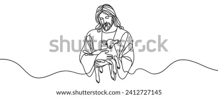 continuous drawing of Jesus Christ with a lamb. one line vector illustration of Jesus Christ with a lamb in his hands