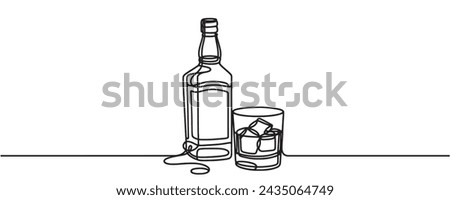 Continuous one line drawing. Bottle and glass of whiskey with ice. Vector illustration.