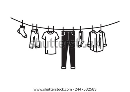 Continuous one-line drawing of linen, clothes hanging on a rope. Vector illustration