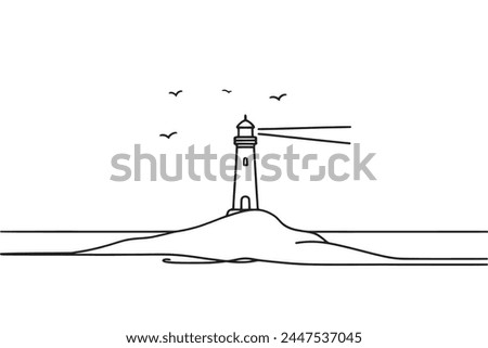 Continuous one simple line drawing of a lighthouse, silhouetted on a white background. Linear style graphic illustration of lighthouse.