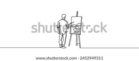 the artist sits in front of an easel with a palette and brush in hand. one line drawing vector