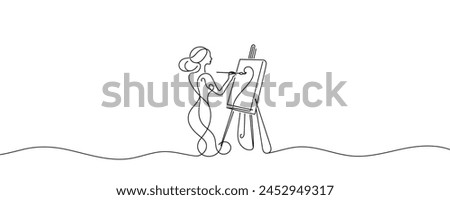 the artist sits in front of an easel with a palette and brush in hand. one line drawing vector