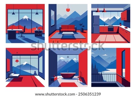 set apartment interior, different rooms with furniture. dream apartment design in the same style. Vector illustration.