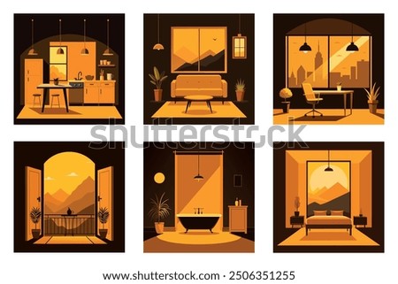 set apartment interior, different rooms with furniture. dream apartment design in the same style. Vector illustration.