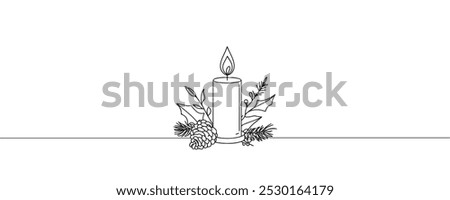 Christmas candle icon, candle with bell drawn with one continuous line. Vector illustration.