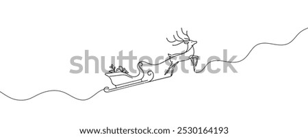 One continuous line drawing Santa Claus on reindeer and sled. concept for Christmas and New Year. vector illustration