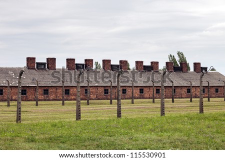 OSWIECIM, POLAND-AUGUST 15: Block of houses in Auschwitz II-Birkenau, a former Nazi extermination camp on August 15, 2012 in Oswiecim, Poland. It was the biggest nazi concentration camp in Europe.