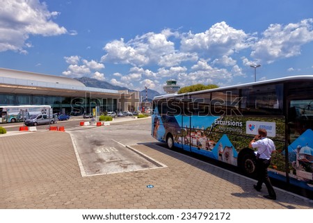 DUBROVNIK, CROATIA - JULY 17: Bus parking in front of the Dubrovnik Airport, on July 17, 2014 in Dubrovnik, Croatia. The airport is located approximately 15.5 km from Dubrovnik city centre.