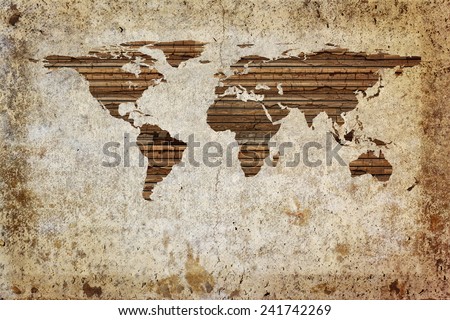 Grunge vintage wooden plank world map background.