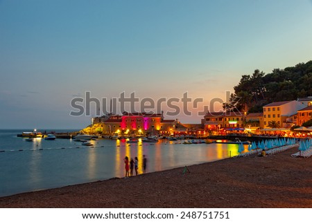Beautiful night landscape of seaside town of Petrovac, Montenegro.