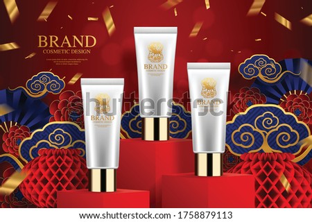 Cosmetic plastic tube ads on square podium and paper art Chinese new year 2021 year of the ox , red paper cut ,flower and asian elements with craft style on background.