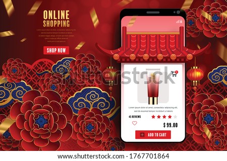 Online shopping concept digital marketing on website and mobile application. Chinese new year 2021 year of the ox with craft style on background.
   