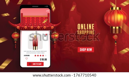 Online shopping concept digital marketing on website and mobile application. Chinese new year 2021 year of the ox with craft style on background.
   