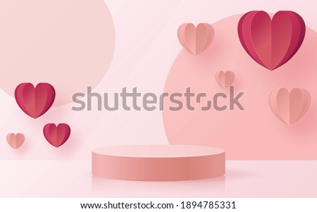 3d Background products for valentine’s day podium in love platform. heart background vector 3d with cylinder. podium stand to show cosmetic product with craft style on background.  

