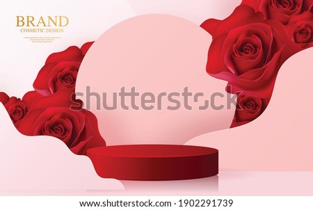 3d Background products for valentine’s day podium in red rose background vector 3d with cylinder. podium stand to show cosmetic product with craft style on background.  
