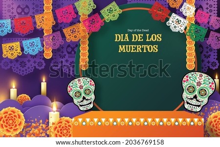 Day of the dead, Dia de los muertos, sugar skull, marigold flowers wreath, candles, colored flags with 3d Podium round, square stage podium ghost,  and paper cut art elements craft style on background