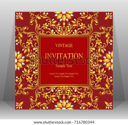 wedding invitation card templates with gold patterned and crystals